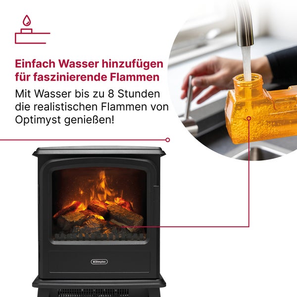 Elektrischer Kamin mit Optimyst-Technologie. Ein Wassertank wird befüllt für realistische Flammen für bis zu 8 Stunden. Dimplex Logo.