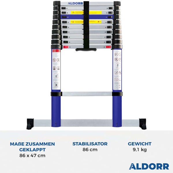 ALDORR Home - Teleskopleiter 3,20M - Mehrzweckleiter - Belastbarkeit bis zu 150kg - Soft-Close-System