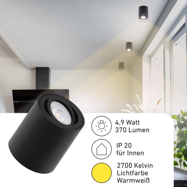 Schwarzer Aufbaustrahler für die Decke, 4,9 Watt, 370 Lumen, Schutzart IP 20 für Innenräume, warmweißes Licht mit 2700 Kelvin.