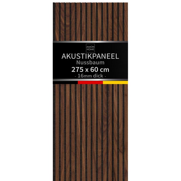 Amon Home Akustikpaneel in Nussbaum Optik, 275 mal 60 Zentimeter, 16 Millimeter stark zur Wand- und Deckenverkleidung.
