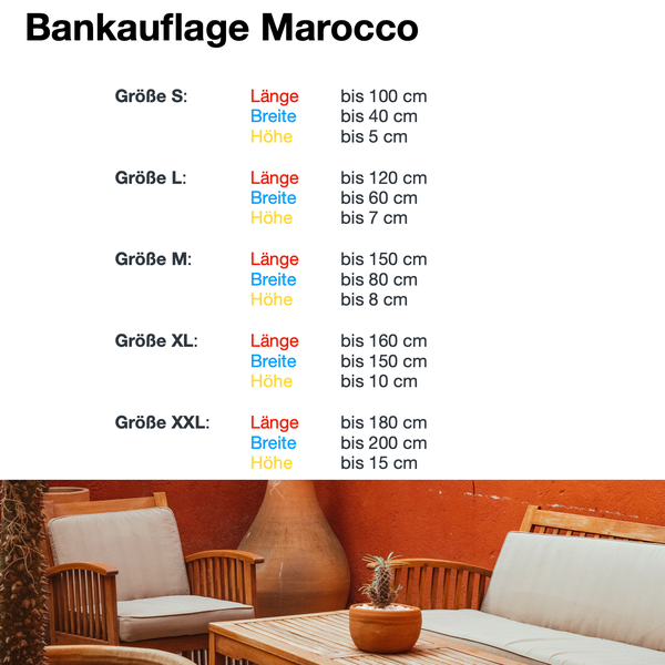 Lulu-Belle Bankauflage Marocco Größe XXL | nach Maß – Individuelle Größe & Farbe | Perfekte Passform | Maßgefertigte Outdoor-Matratze Liegeauflage Sitzauflage | Länge bis 180 cm, Breite bis 200 cm, Höhe bis 15 cm