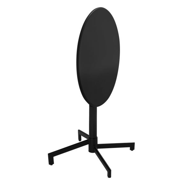 Schwarzer Bistrotisch mit runder, hochgeklappter Tischplatte und vierbeinigem Gestell.