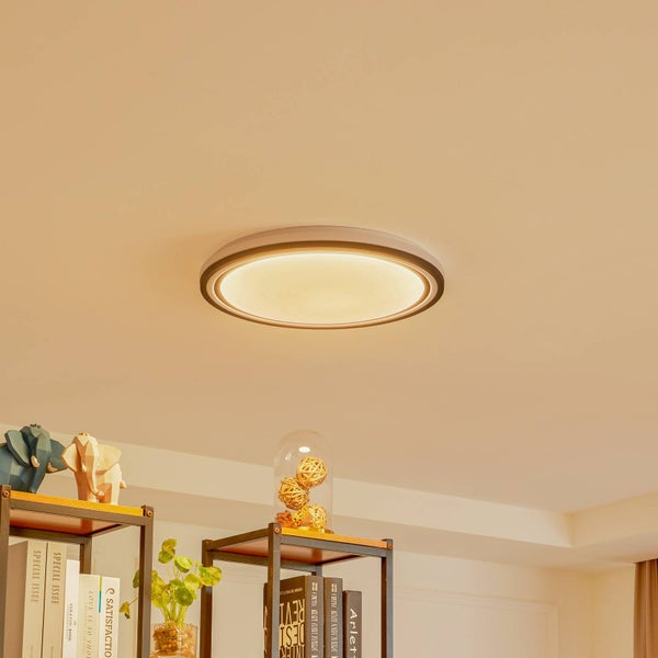 Runde LED-Deckenleuchte mit doppeltem Ringdesign, montiert an der Decke über Regalen mit Büchern und Dekorationsartikeln.