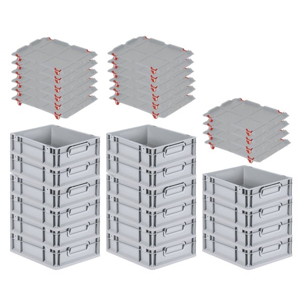 PROREGAL SuperSparSet 16x Eurobox NextGen Grip mit Auflagedeckel mit 4 Roten Schiebeschnappverschlüssen HxBxT 12 x 30 x 40 cm 11 Liter