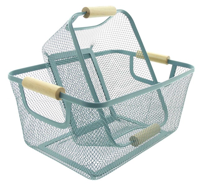 FRANK FLECHTWAREN | Füllkorb Smoke Blue, 2er Set, METALL, HOLZ, 33 x 21 x 15 cm, 26 x 17 x 11 cm