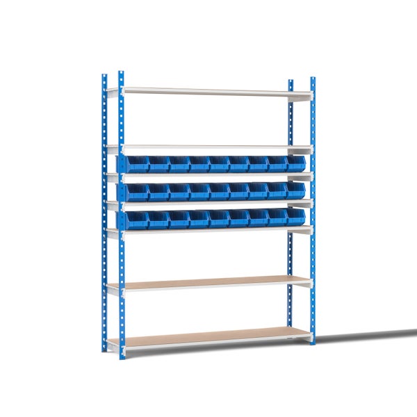 PROREGAL Fachbodenregal MAXIMUS mit 156x Sichtlagerboxen à 2L Fachlast 114kg Grundregal HxBxT 200x125x30cm 13 Ebenen Lichtblau/Lichtgrau