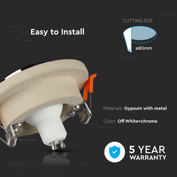Einbaustrahler aus Gips und Metall in Off-White und Chrom, 80 Millimeter Einbaudurchmesser, 5 Jahre Garantie.