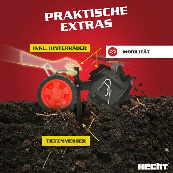 Bodenhacke mit Tiefenmesser und Hinterrädern für Mobilität