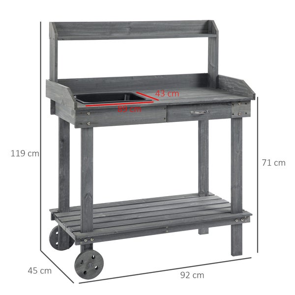 Outsunny Pflanztisch mit Schublade 2 Stufen Gärtnertisch mit waschbecken und Rollen Garten Tannenholz Grau 92 x 45 x 119 cm