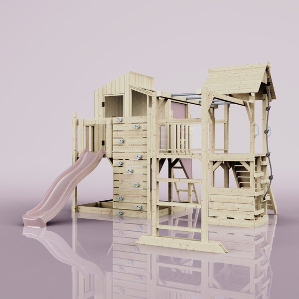 Spielturm aus Holz mit Rutsche, Kletterwand und Schaukel