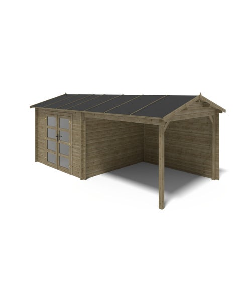 Gartenhaus aus Holz mit Satteldach, Doppeltür mit Lichtausschnitten und seitlichem Schleppdach.