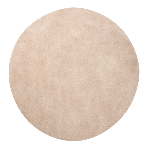 Runder Teppich mit weicher Oberfläche in Beige.