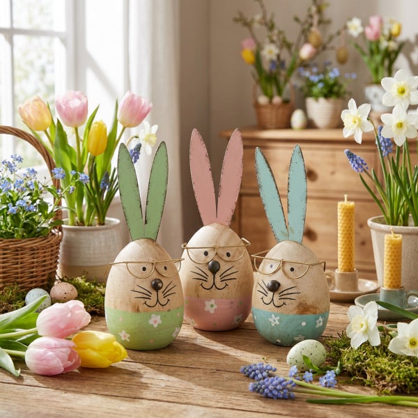 Drei dekorative Osterhasen aus Holz mit Metallohren und Brillen auf einem Holztisch umgeben von Frühlingsblumen und Ostereiern als Tischdekoration