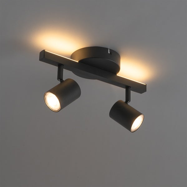 Schwarze Deckenleuchte mit zwei Strahlern.