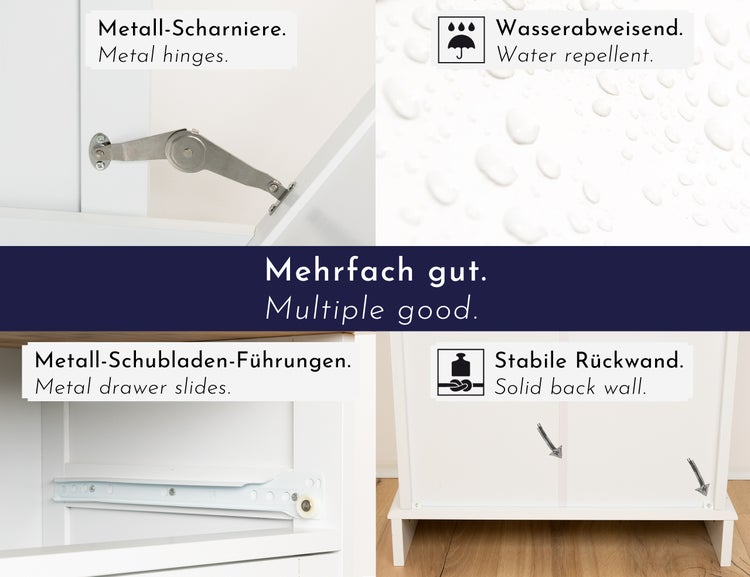 WONDERMAKE - Wäscheschrank hoch oder Mülleimer-Schrank aus Holz / Bambus, Wäschesammler Hochschrank für Badezimmer oder Küche ausklappbar mit Schublade, weiß