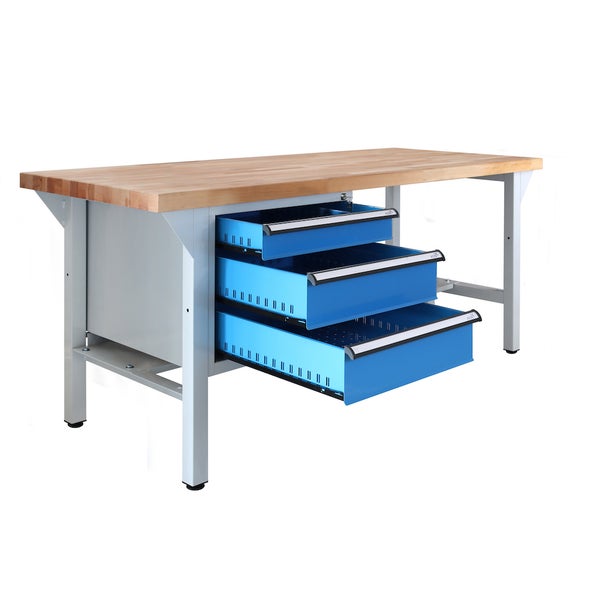 PROREGAL Werkbank Rhino Plus mit 3 Schubladen HxBxT 84 x 150 x 70 cm Traglast 500 kg Lichtgrau Blau