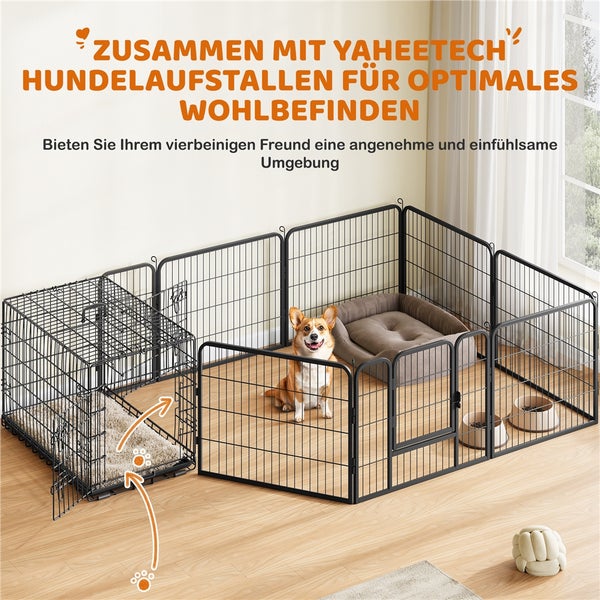 Hundelaufstall mit Hundekäfig, Hundebett und Hund darin