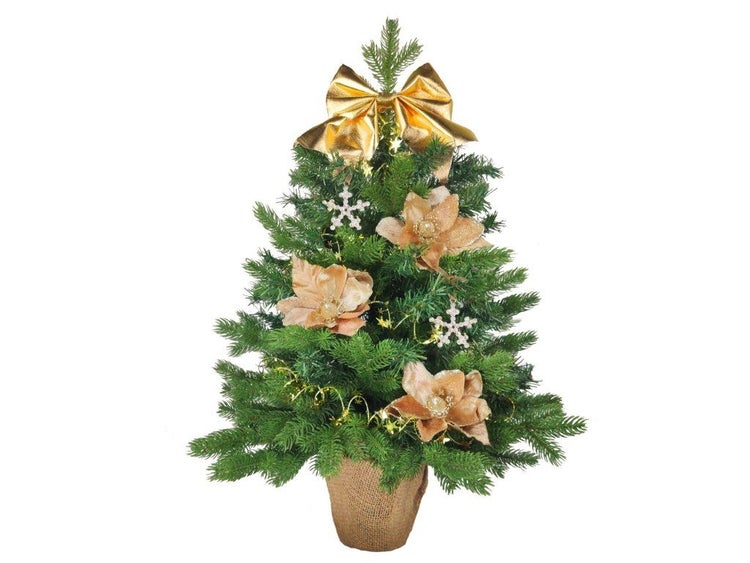 Künstlicher Weihnachtsbaum in Jutetopf mit Dekoration aus Schleife, Blumen und Schneeflocken.