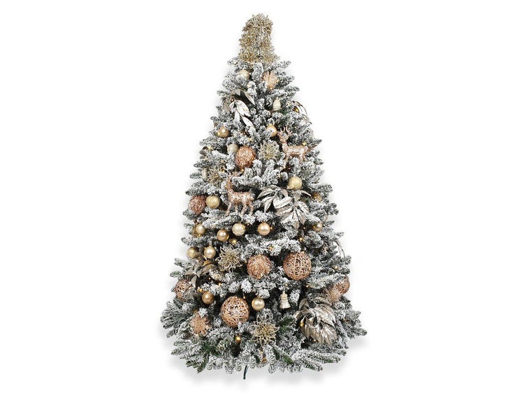 Künstlicher Weihnachtsbaum, verschneit, geschmückt mit Kugeln und dekorativen Elementen.