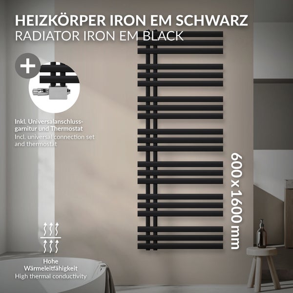 Schwarzer Heizkörper Iron EM, inklusive Universalanschlussgarnitur und Thermostat, Maße 600 x 1600 mm, hohe Wärmeleitfähigkeit