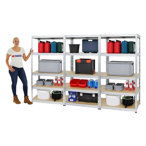 PROREGAL Mega Deal 3x Schwerlastregal Tiger HxBxT 180 x 90 x 60 cm Fachlast 265 kg 5-Ebenen Verzinkt