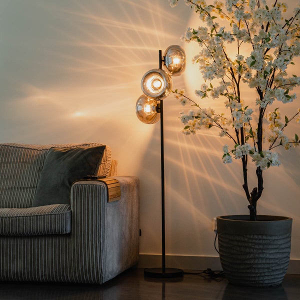 Art-Deco-Stehlampe schwarz mit Rauchglas 3-flammig – Ayesha
