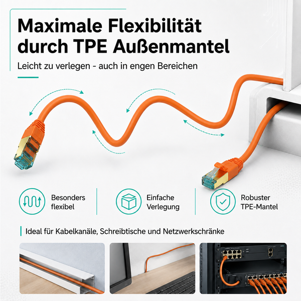 Flexibles Netzwerkkabel mit robustem Außenmantel aus thermoplastischem Elastomer für einfache Verlegung in Kabelkanälen und Netzwerkschränken.