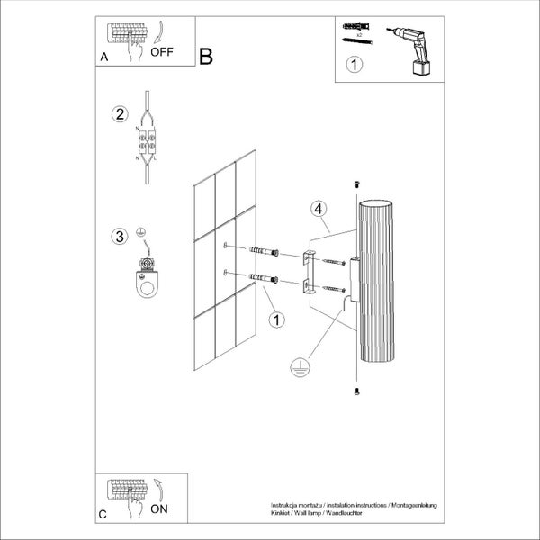 Montageanleitung für eine Wandleuchte mit Schrauben, Dübeln und Stromklemmen.