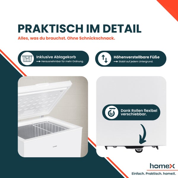 Produktinformationen zur HomeX Gefriertruhe: inklusive Ablagekorb, höhenverstellbare Füße und Rollen