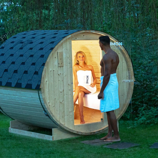Home Deluxe - Outdoor Fasssauna Lahti M - Maße: BxTxH: ca. 185 cm x 120 cm x 185 cm, Holz: Fichtenholz - inkl. Saunaofen und Saunazubehör I Gartensauna, Außensauna, Sauna Fass für 2 Personen