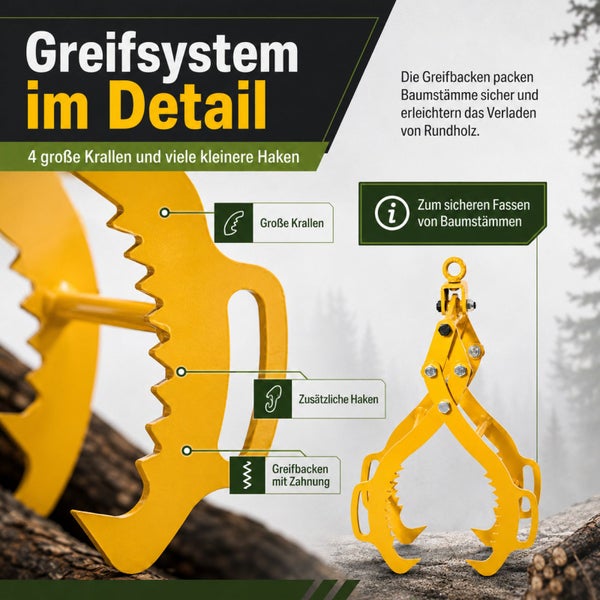 Infografik zur Rungenzange mit Fokus auf die Greifbacken, vier Krallen und Haken für sicheres Greifen von Baumstämmen.