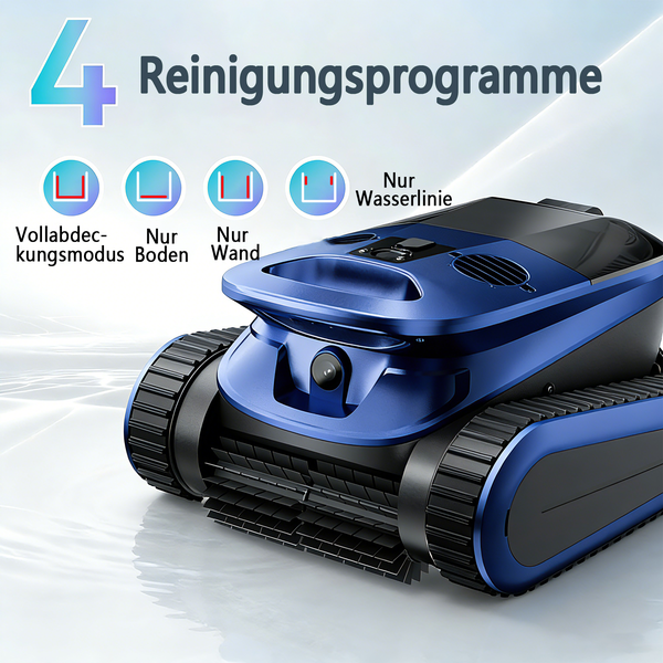 Ein blauer Poolroboter mit Kettenantrieb und vier Reinigungsprogrammen: Vollabdeckungsmodus, nur Boden, nur Wand und nur Wasserlinie.