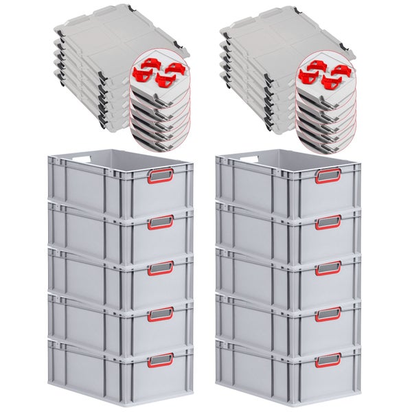 PROREGAL Spar Set 10x Eurobox Nextgen Color Mit Auflagedeckel & Schiebeschnappverschlüsse HxBxT 22 x 40 x 60 cm Griffe Rot Offen Verstärkter Boden