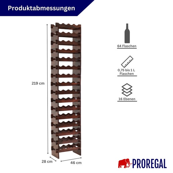 Proregal Weinregal aus Holz für 64 Flaschen auf 16 Ebenen. Abmessungen: 219 Zentimeter hoch, 46 Zentimeter breit, 28 Zentimeter tief.