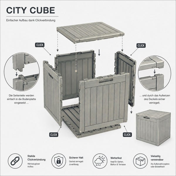Aufbewahrungsbox City Cube: Explosionszeichnung zeigt die werkzeuglose Montage und die stabile Klickverbindung der Seitenteile.