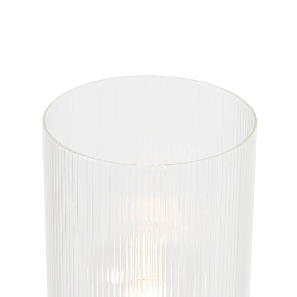 Stehlampe mit zwei Leuchten und klaren Glaslampenschirmen