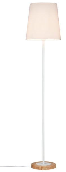 Moderne Stehleuchte mit konischem Lampenschirm und Lampenfuß in Holzoptik.