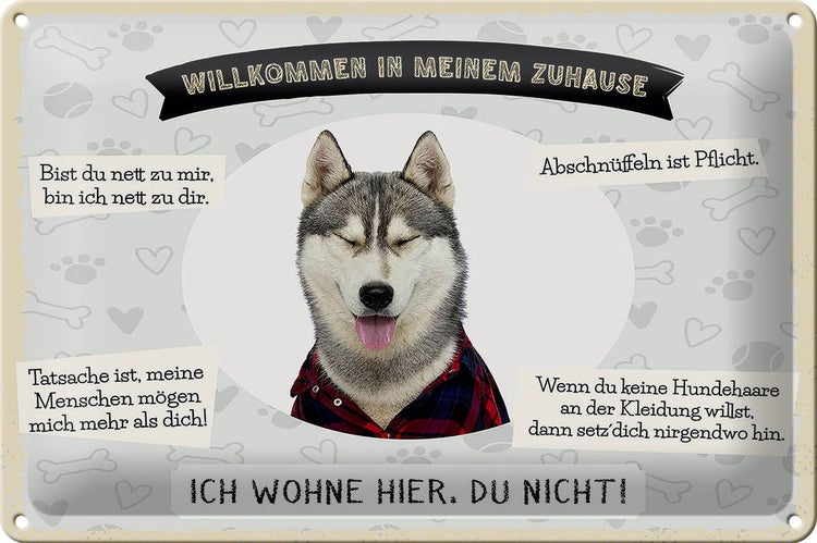 Blechschild Spruch 30x20cm Tiere Husky willkommen wohne hier