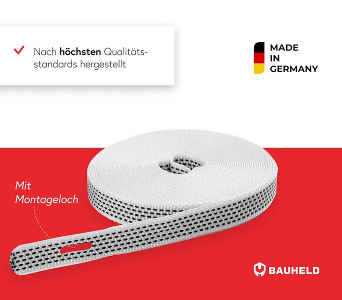 Textilband mit Montageloch, hergestellt nach höchsten Qualitätsstandards, Made in Germany, Marke Bauheld