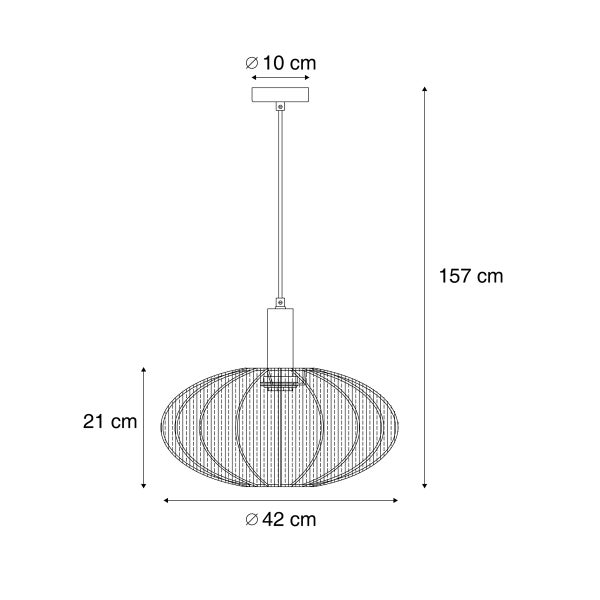 Maßzeichnung einer Pendelleuchte: Durchmesser 42 Zentimeter, Schirmhöhe 21 Zentimeter, Baldachindurchmesser 10 Zentimeter, Gesamthöhe 157 Zentimeter.