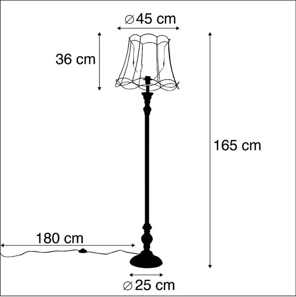 Abbildung der Abmessungen einer Stehlampe, Höhe 165 cm, Durchmesser Lampenschirm 45 cm, Höhe Lampenschirm 36 cm, Durchmesser Lampenfuss 25 cm, Kabellänge 180 cm