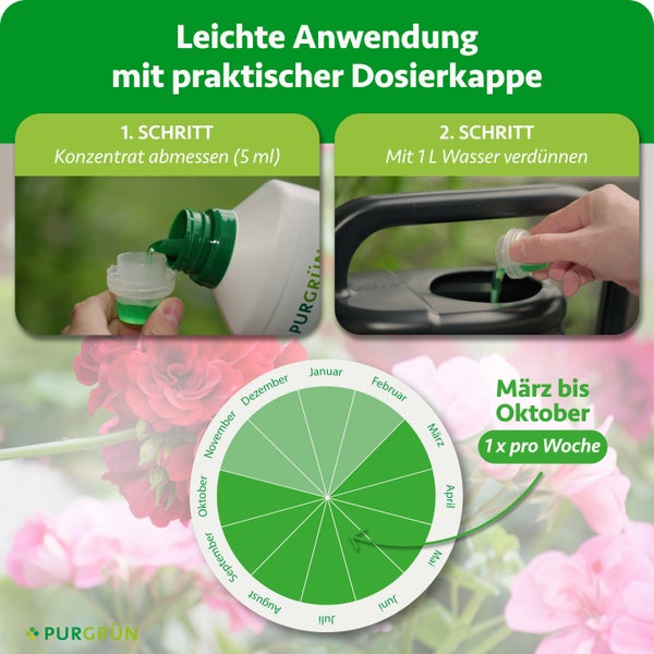 Anleitung Flüssigdünger: 5 Milliliter abmessen, mit 1 Liter Wasser verdünnen. Anwendung von März bis Oktober einmal wöchentlich. Purgrün Logo.