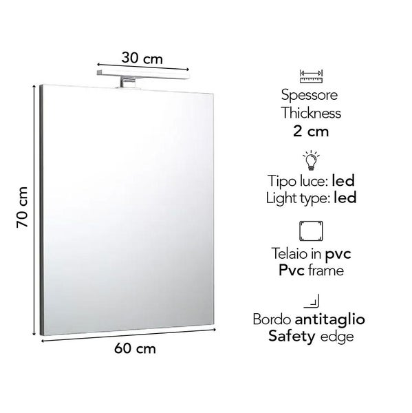 Rechteckiger Badezimmerspiegel mit LED-Lampe, Maße 70 mal 60 Zentimeter, Tiefe 2 Zentimeter, PVC-Rahmen und Sicherheitskante.