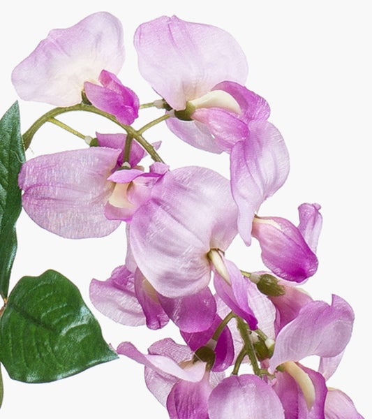Künstliche Glyzinie mit lila Blüten und grünen Blättern.