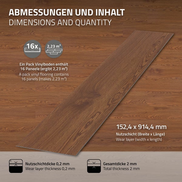 Infografik zu Abmessungen und Inhalt von Vinylboden mit 16 Paneelen, 2,23 Quadratmeter Fläche, 0,2 Millimeter Nutzschicht und 2 Millimeter Stärke.