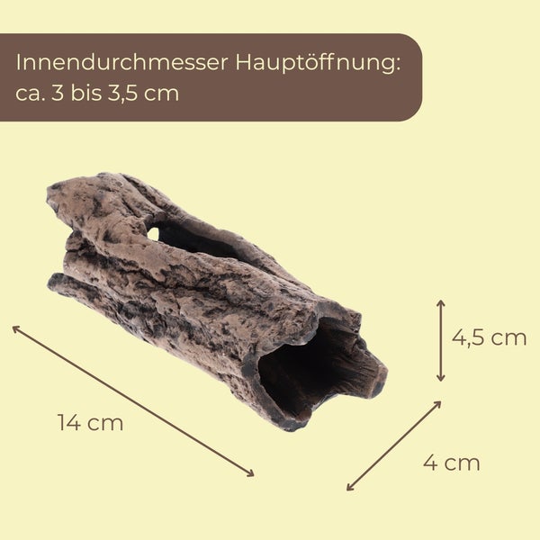 Aquariumdekoration hohler Baumstamm, Maße 14 cm Länge, 4 cm Breite, 4,5 cm Höhe. Innendurchmesser der Hauptöffnung circa 3 bis 3,5 cm.