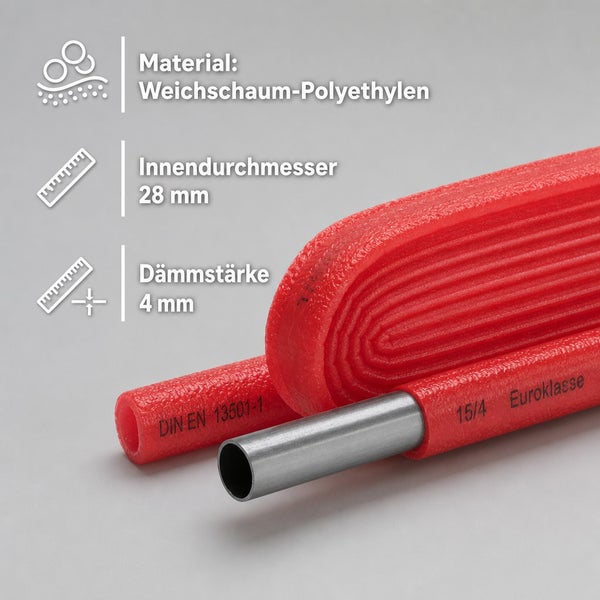Rohrisolierung aus Weichschaum Polyethylen mit 28 Millimeter Innendurchmesser und 4 Millimeter Dämmstärke zur Wärmedämmung von Heizungsrohren.