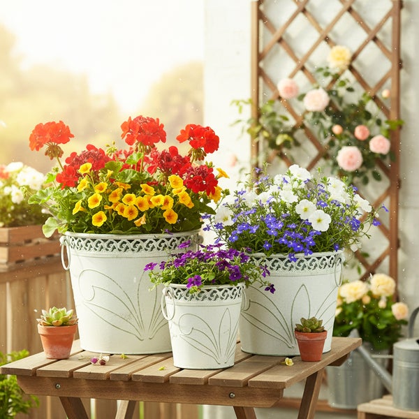 Drei weiße Metall-Blumentöpfe mit Henkel und Relief-Muster auf einem Holztisch, bepflanzt mit bunten Blumen im sonnigen Garten.
