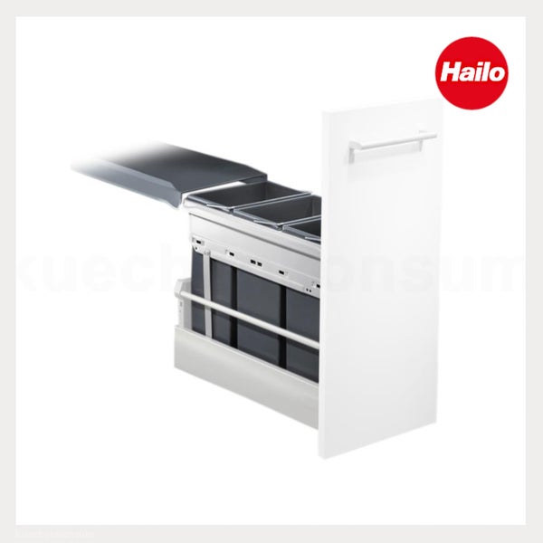 Hailo Logo. Hailo Abfalltrennsystem für die Küche, Einbaumülleimer mit 3-fach Trennung, Auszug mit weißer Front und Griff.