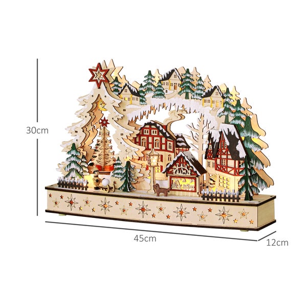 LED Schwibbogen aus Holz mit beleuchtetem Winterdorf-Motiv, Maße 45 mal 30 mal 12 Zentimeter.